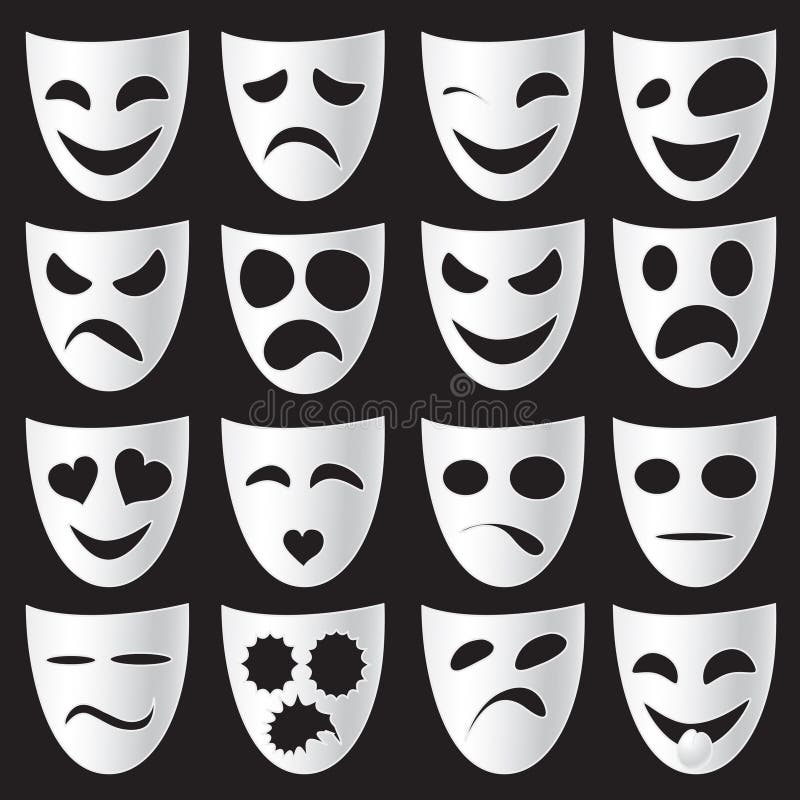 Isolated theatre masks expressing different emotions