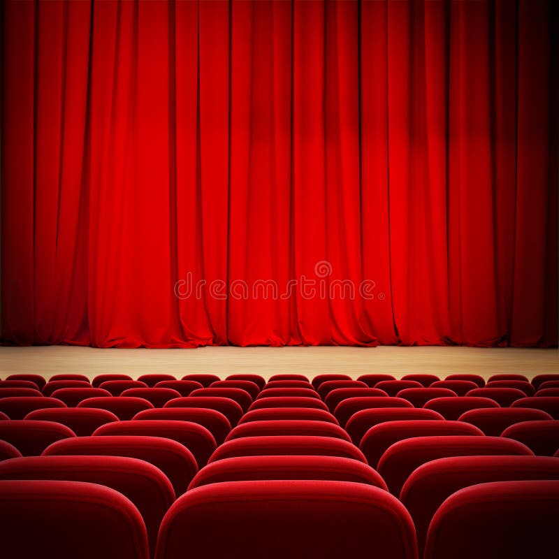 Theatre red curtain on stage with red velvet seats