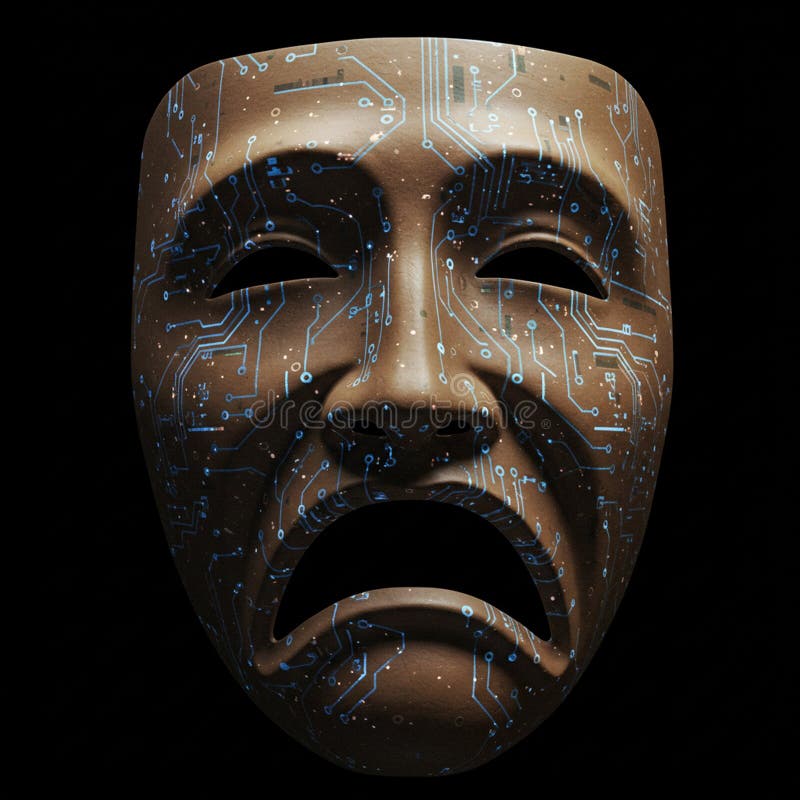 A theatrical mask with a distressed expression, decorated with intricate circuit stock illustration