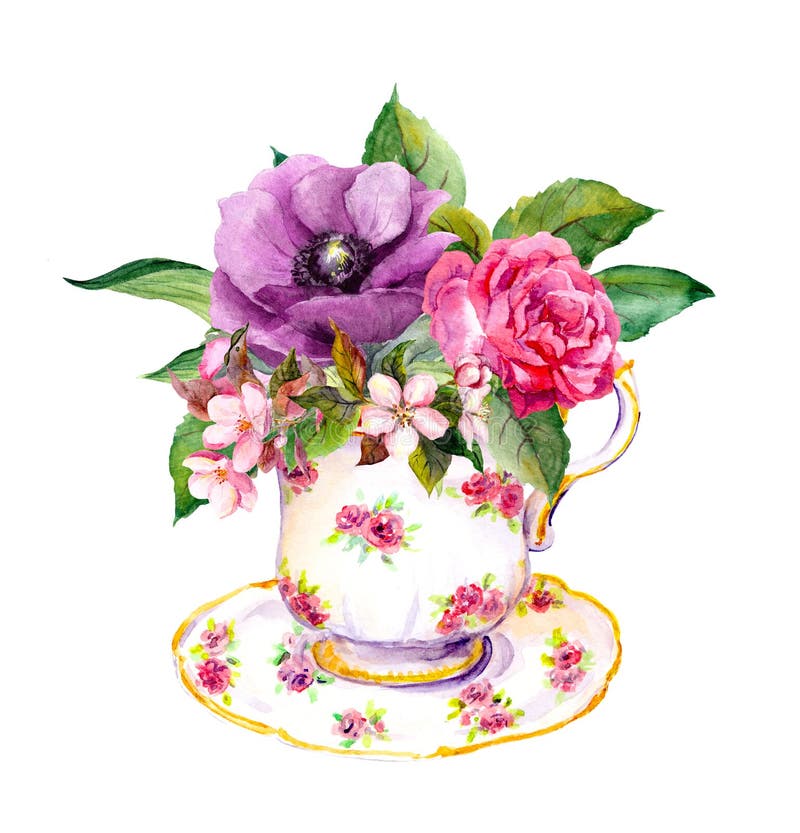 Theekop met roze bloemen Waterverf voor teatime vector illustratie Theekop met roze bloemen Waterverf voor teatime vector illustratie
