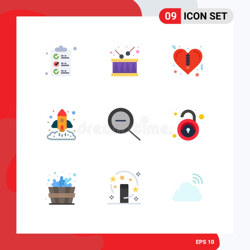 9 Thematic Vector Flat Colors and Editable Symbols of zoom, startup, heart, rocket, chart stock illustration