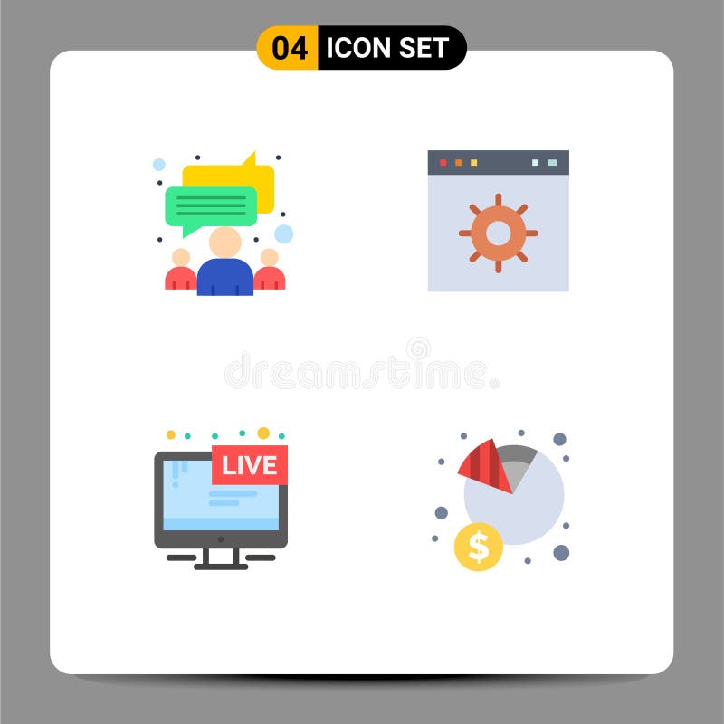 4 Thematic Vector Flat Icons and Editable Symbols of Chat, Screen, Team