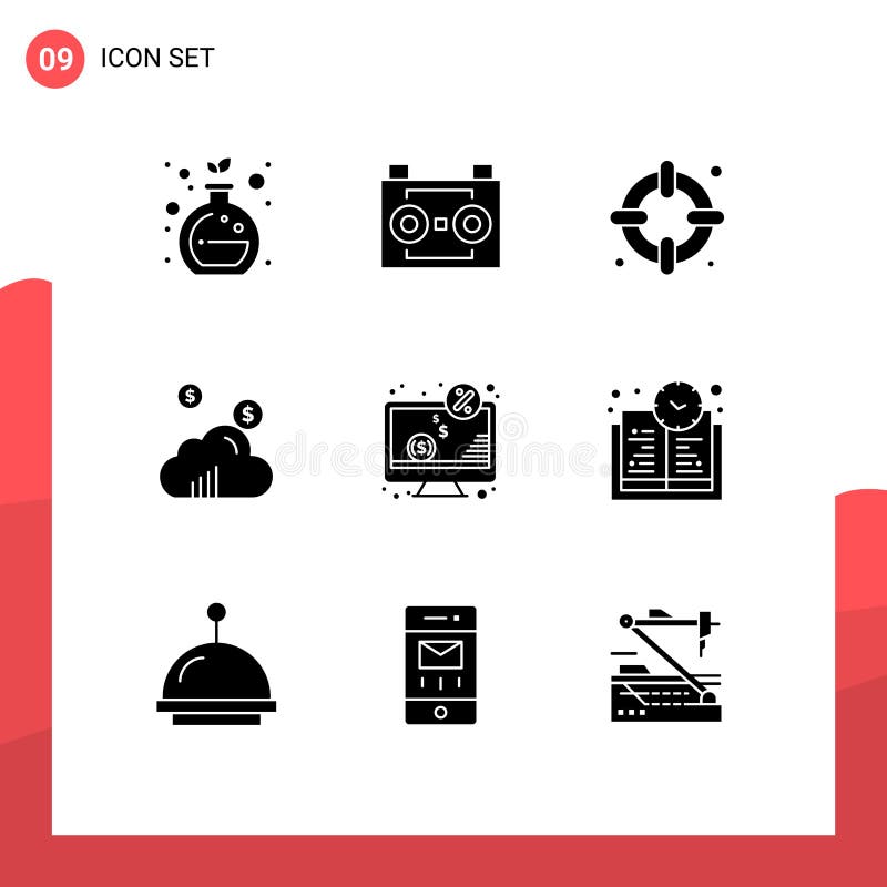 9 thematische Vektor feste Glyphen und bearbeitbaren Symbole der Vermarktung des Monitordollarversicherungs-Computers lizenzfreie abbildung