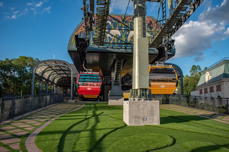 Orlando, Florida. October 10, 2019. Theme gondolas in Disney Skyliner station at Epcot 1. Orlando, Florida. October 10, 2019. Theme gondolas in Disney Skyliner station at Epcot 1