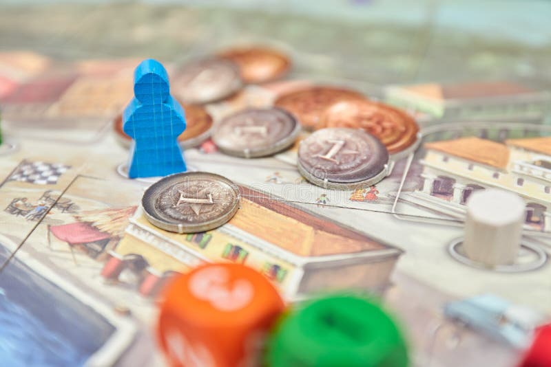 Themed Board Games. Colorful Play Figures with Dice on Board. Vertical