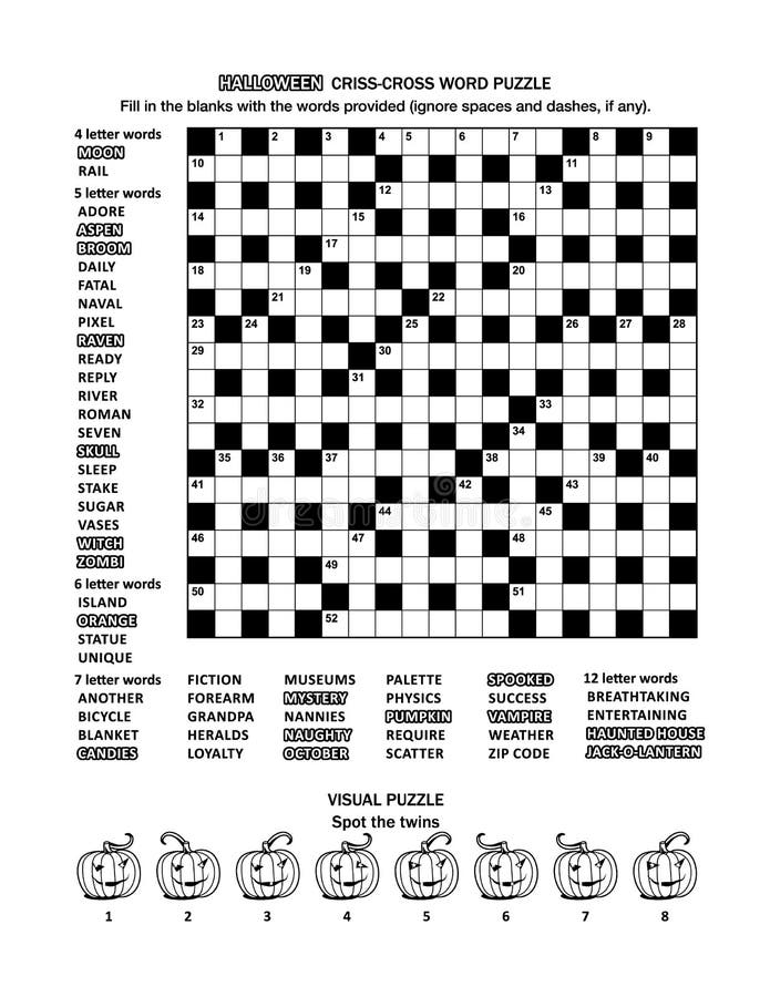 Themenorientierte Puzzlespielseite Halloweens mit Wortspiel und Bildrätsel vektor abbildung Themenorientierte Puzzlespielseite Halloweens mit Wortspiel und Bildrätsel vektor abbildung