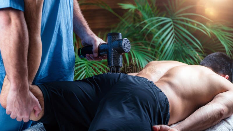 Therapist Treating Patient's Trapezius Muscle with Massage Gun Stock Photo  by microgen