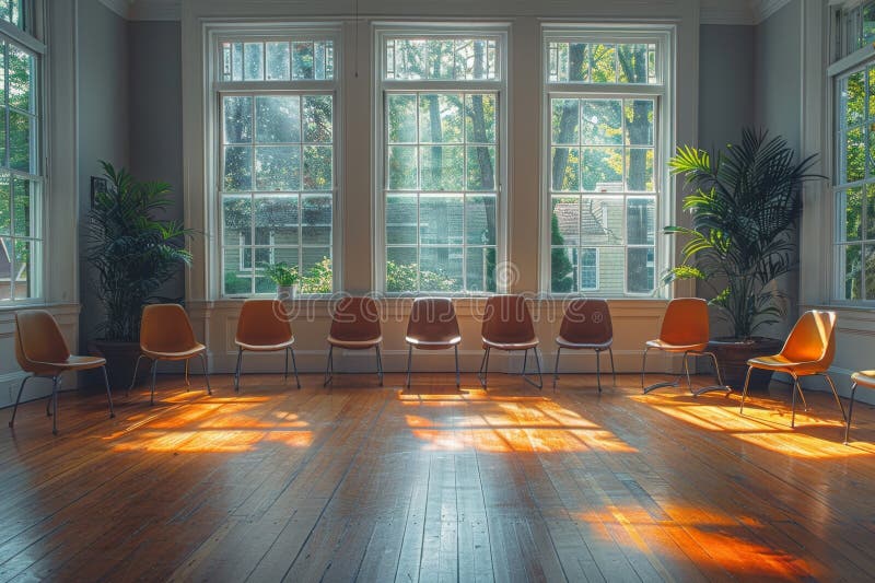 Therapy Room Layout, Circle of Chairs in Empty Room for Group Therapy