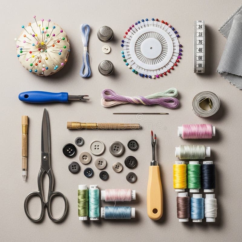 There are also needle and threaders, a seam ripper, and thimbles stock illustration