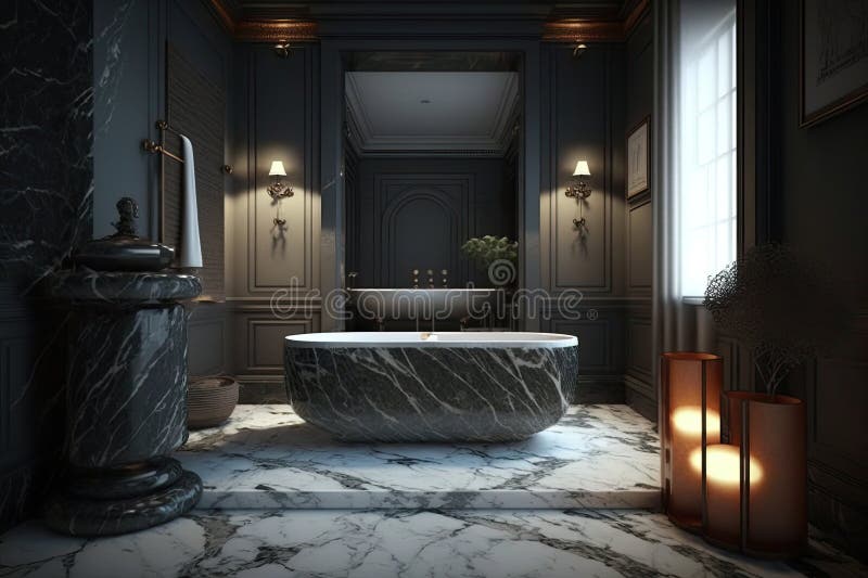 There is a Large, Deep Tub in a Luxurious Bathroom with Dark and Light