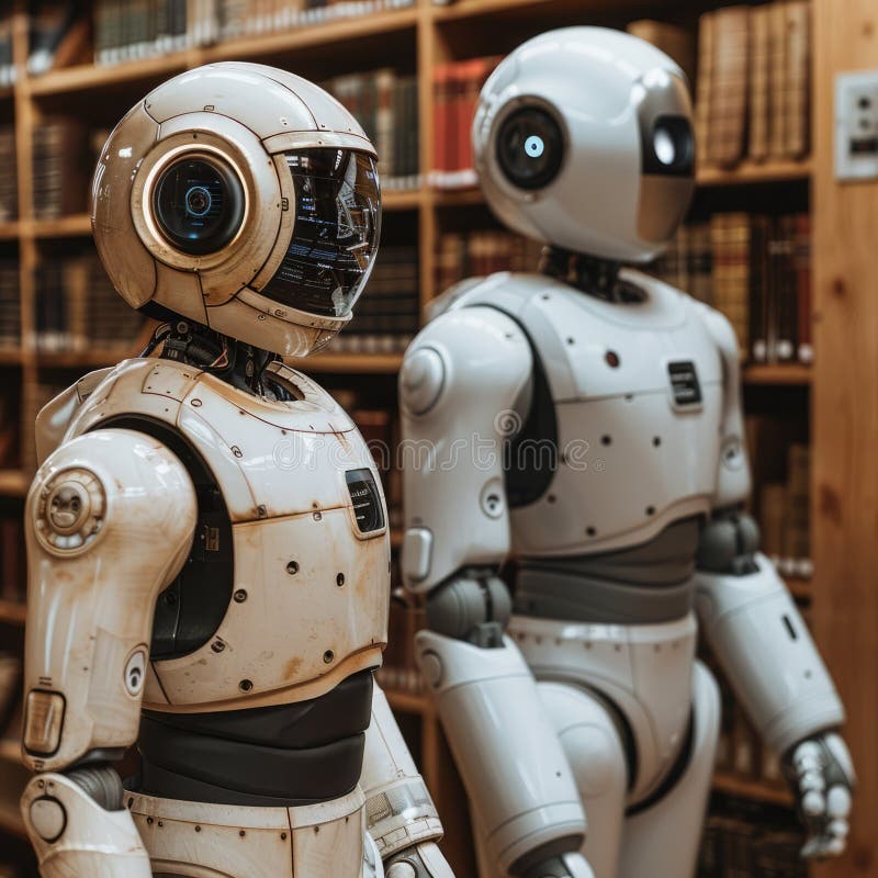 There are two sleek, white robots standing right next to each other, positioned prominently in a quiet library filled with books and knowledge. Robots working futuristic office stock images, royalty-free photos and pictures