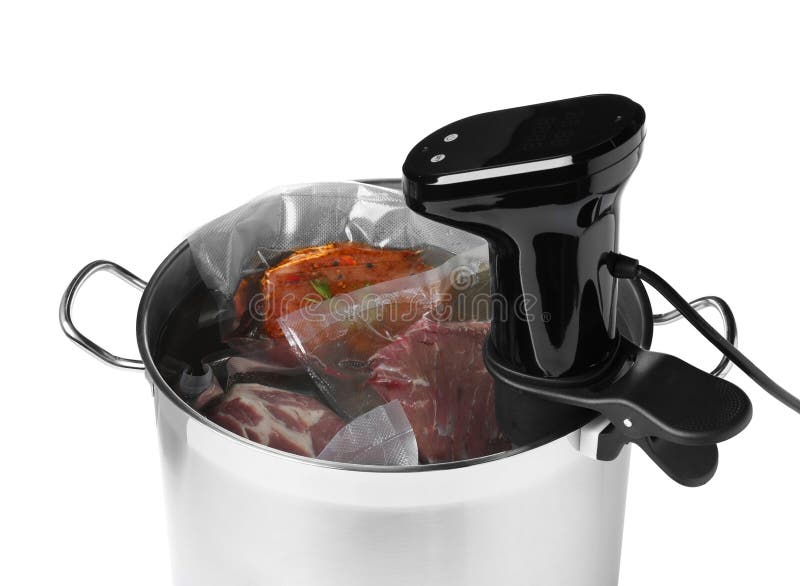 Thermal Immersion Circulator and Meat in Pot on White Background