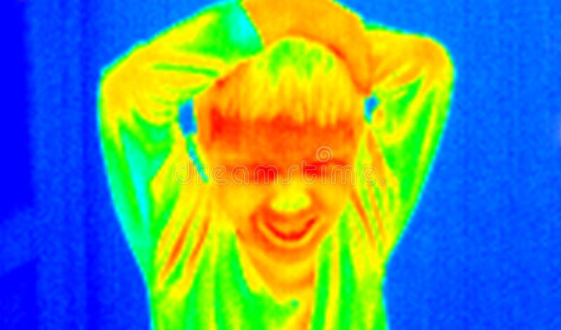 Child with an angry face. Real infrared (thermic) photo in blue. A thermographic camera is a device that forms an image using infrared radiation and making visible the heat of the model. This image is not a digital effect. Child with an angry face. Real infrared (thermic) photo in blue. A thermographic camera is a device that forms an image using infrared radiation and making visible the heat of the model. This image is not a digital effect.