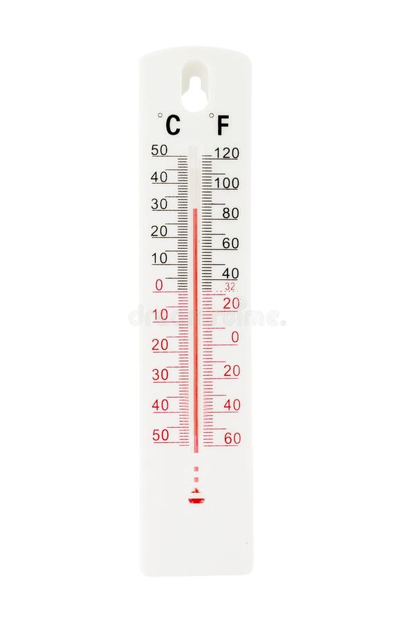 Celsius scale thermometer for measuring weather temperature. Thermometer  isolated on white background. Ambient temperature plus 43 degrees Stock  Photo