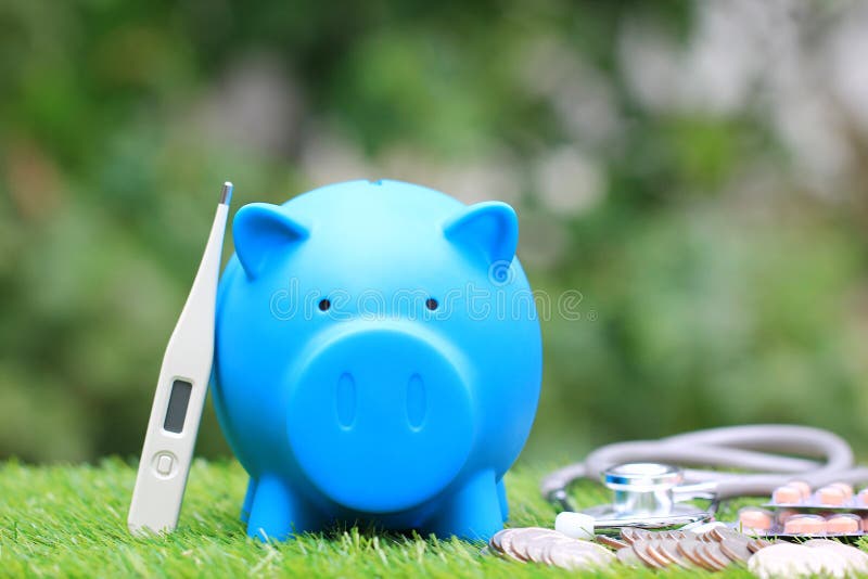 Thermometer voor blauwe piggy met stethoscoop en geneeskunde op natuurlijke groene achtergrond, sparen geld voor Medische verzeke stock fotografie Thermometer voor blauwe piggy met stethoscoop en geneeskunde op natuurlijke groene achtergrond, sparen geld voor Medische verzeke stock fotografie
