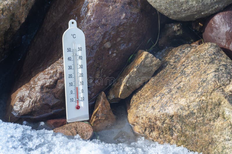 Thermometer in Water on Rocks, the Concept of Global Stock Photo Image of mineral, forest