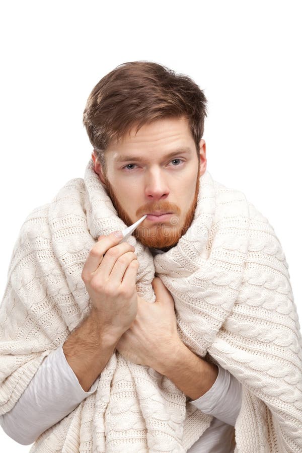 Sick young man holding thermometer in a mouth, isolated on white. Sick young man holding thermometer in a mouth, isolated on white