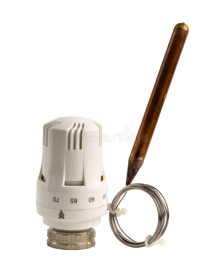 Thermostatic radiator valve. Capillary Heating Controller. Radiator Thermostatic Head. Liquid temperature sensing element. royalty free stock photo Thermostatic radiator valve. Capillary Heating Controller. Radiator Thermostatic Head. Liquid temperature sensing element. royalty free stock photo