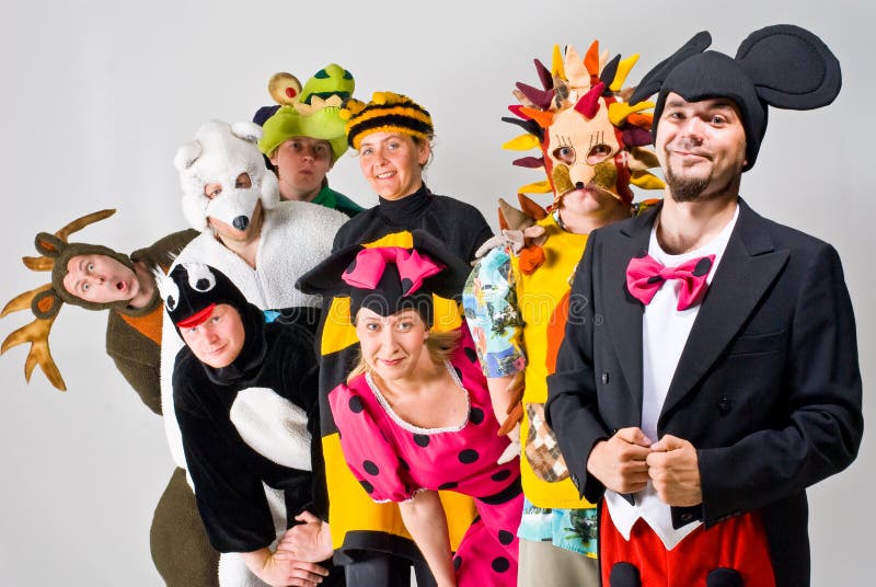 A studio view of a group of actors in colorful animal costumes including Moose, Crocodile, Polar Bear, Bumble Bee, Penguin, Minnie & Mickey Mouse and Hedgehog. A studio view of a group of actors in colorful animal costumes including Moose, Crocodile, Polar Bear, Bumble Bee, Penguin, Minnie & Mickey Mouse and Hedgehog.