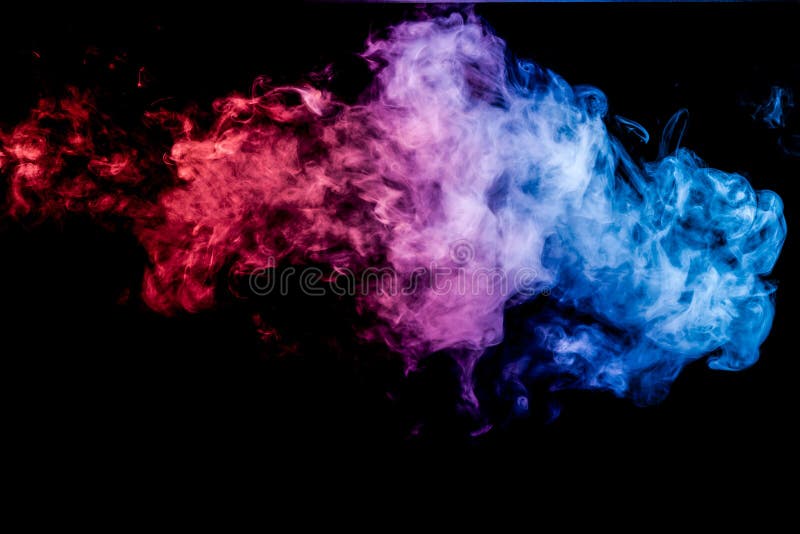 Thick blue and red colorful smoke of on a black isolated background. Background from the smoke of vape. Thick blue and red colorful smoke of on a black isolated background. Background from the smoke of vape