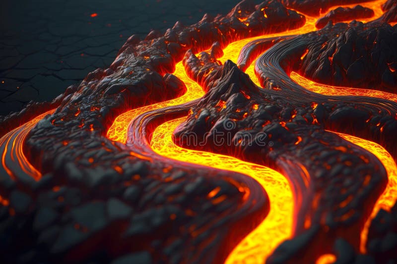 Thick Burning Lava Texture Flowing Down from Volcano Stock Image