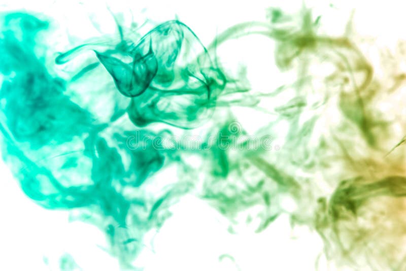 Thick colorful smoke of green on a white isolated background. Background from the smoke of vape