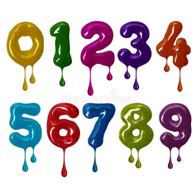 Thick numbers made of colorful glaze with falling drops in high resolution