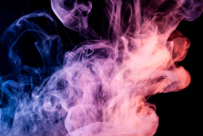 Thick pink, purple and blue smoke on a black isolated background. Background from the smoke of vape. Thick pink, purple and blue smoke on a black isolated background. Background from the smoke of vape