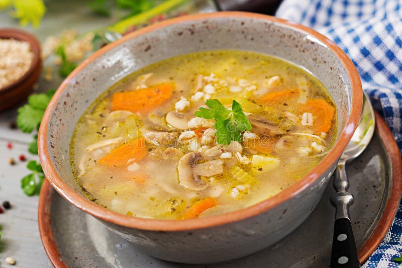 Thick Soup with Pearl Barley, Celery, Chicken, and Mushrooms. Stock ...