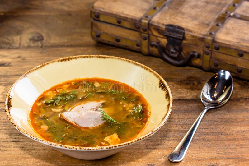 Thick Vegetable Soup with Meat Poured into a Bowl. Stock Image - Image ...