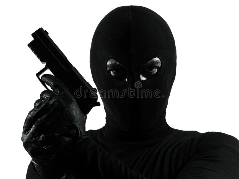 Thief criminal terrorist holding gun portrait stock images