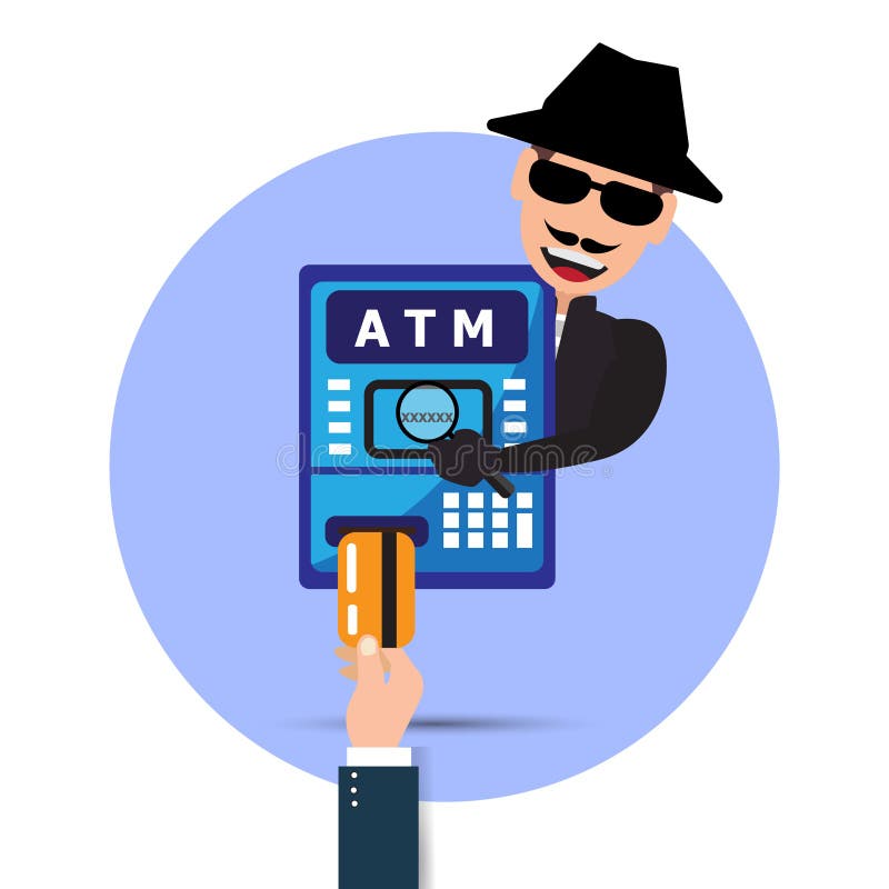 Thief. Hacker Stealing Sensitive Password from ATM Machine. Phishing