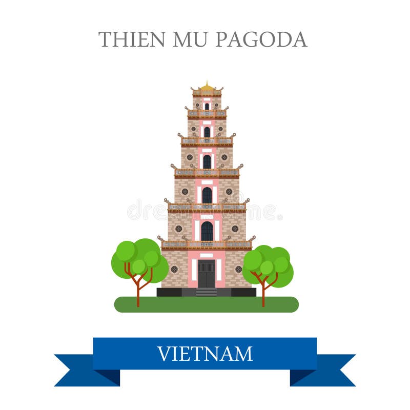 Thien Mu pagod i sight för Vietnam dragningslopp royaltyfri illustrationer Thien Mu pagod i sight för Vietnam dragningslopp royaltyfri illustrationer