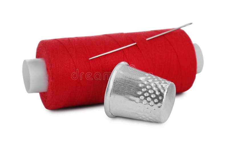 Thimble and Needle with Sewing Thread Isolated on White Stock Image