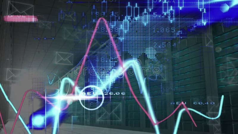 Thin cyan and magenta lines emerging at corridor left, sweeping upward over map showing data trends stock video footage