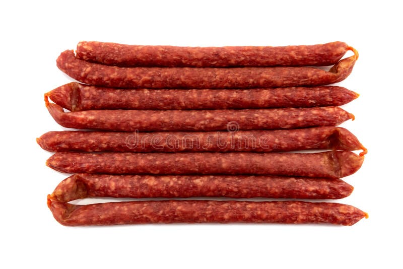 Thin Dry Sausages or Sausages on a White Background. Sausages Isolate