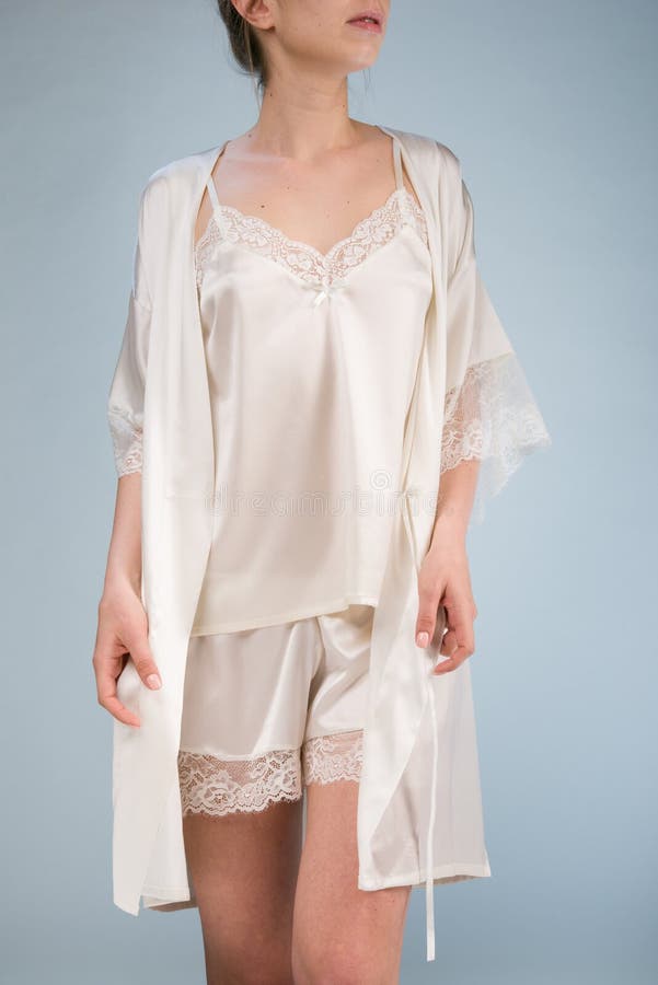 Thin Girl in a Blue Silk Robe Stock Image Image of erotic, home 71495805