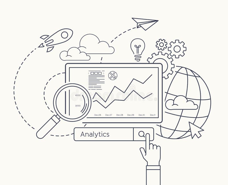 Thin line flat design of analytic search information website SEO optimization stock illustration
