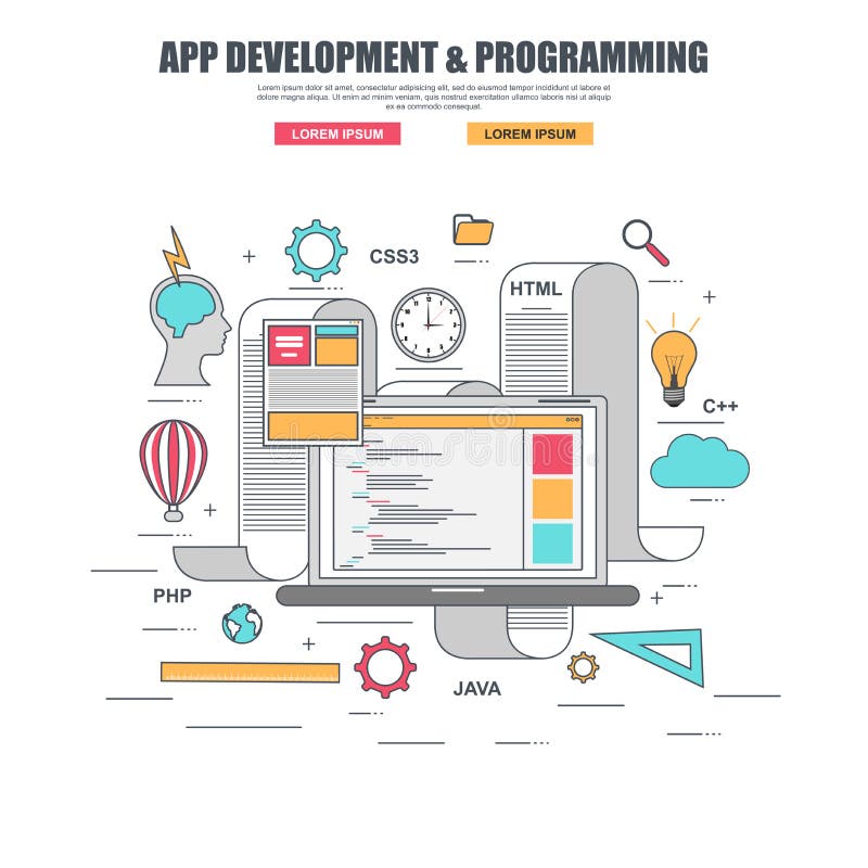 Thin line flat design concept for app development and creating website programming code royalty free illustration