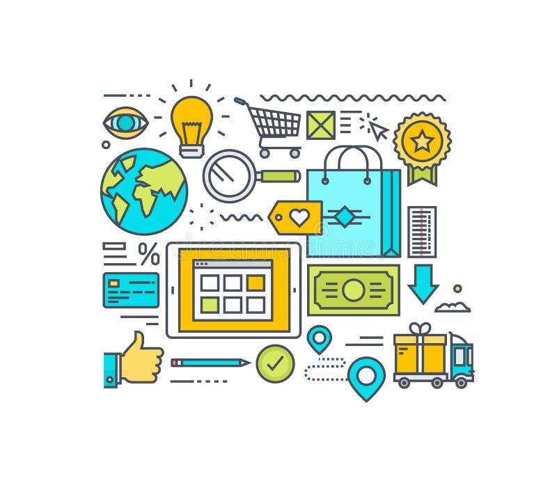 Thin line flat design concept of online shopping and e-commerce. Concept for website banners and promotional materials. stock illustration Thin line flat design concept of online shopping and e-commerce. Concept for website banners and promotional materials. stock illustration