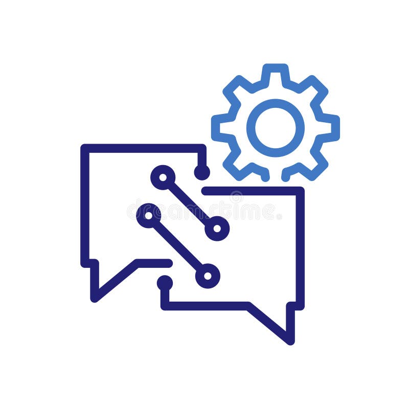 Thin Line Icon NLP mit Speech Bubbles and Circuits with Gear. Vector Illustration Symbol für künstliche Intelligenz vektor abbildung