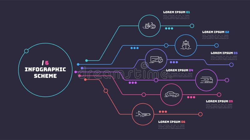Thin line infographic scheme with 6 options. Vector template for