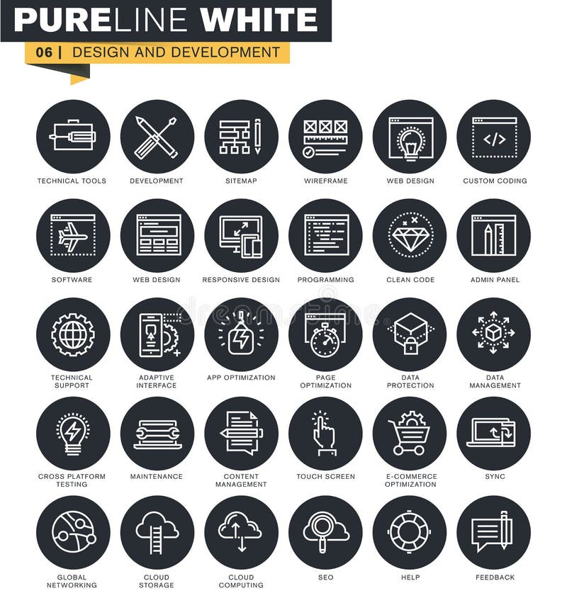Thin line web icons collection for web development. Thin line web icons collection for website design and development, seo, cloud computing, data management.