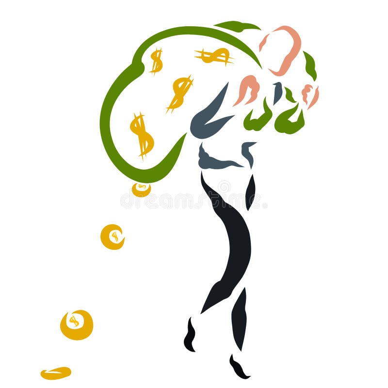 A thin man carries two big bags of money, coins fall out of the bag stock illustration A thin man carries two big bags of money, coins fall out of the bag stock illustration