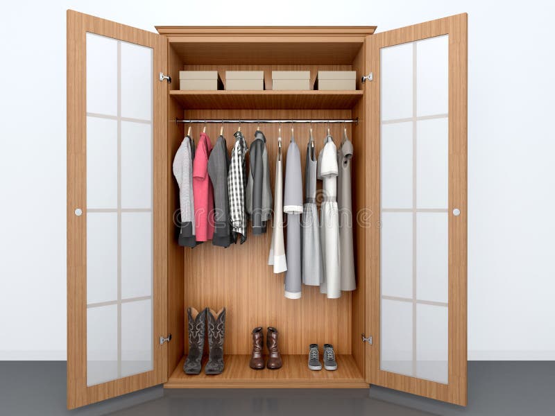 Things in an open wooden cabinet. stock illustration