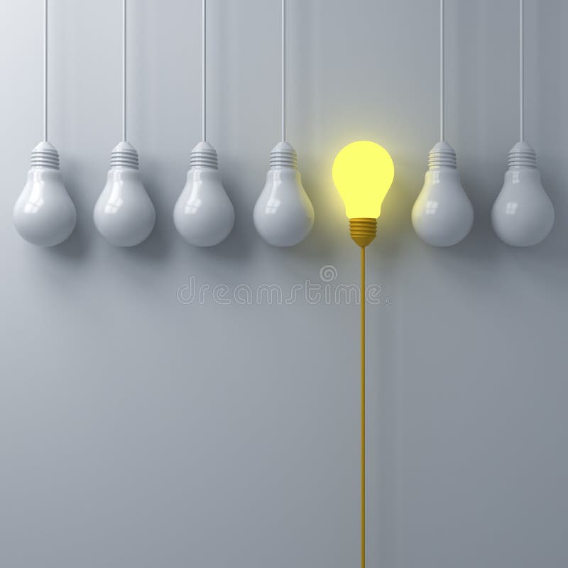 Think different concept One glowing light bulb standing out from the dim or unlit white lightbulbs on white wall background with s royalty free illustration Think different concept One glowing light bulb standing out from the dim or unlit white lightbulbs on white wall background with s royalty free illustration