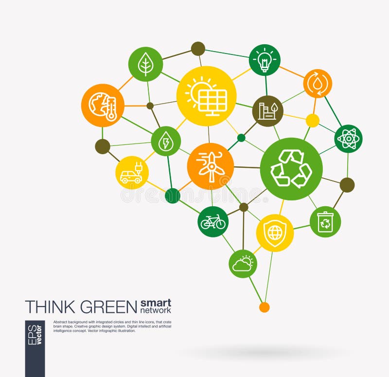 Think green, environmental, ecology, recycle and eco energy integrated business vector icons. Digital mesh smart brain vector illustration