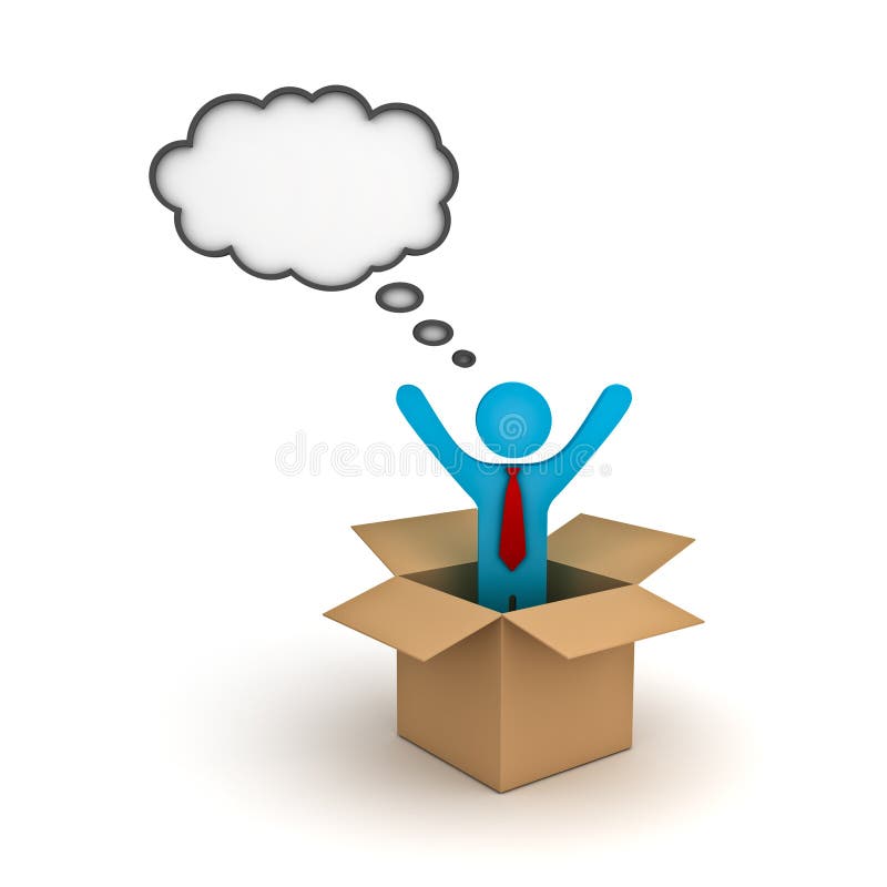 Think outside the box concept, Business man standing with arms wide open in the open cardboard box with thought bubble