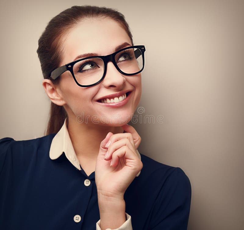 Thinking Professional Woman in Glasses Looking with Finger Under Stock ...