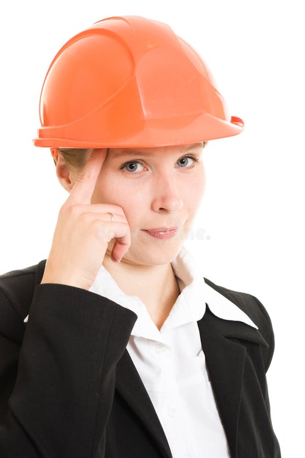 Thinking businesswoman in a helmet